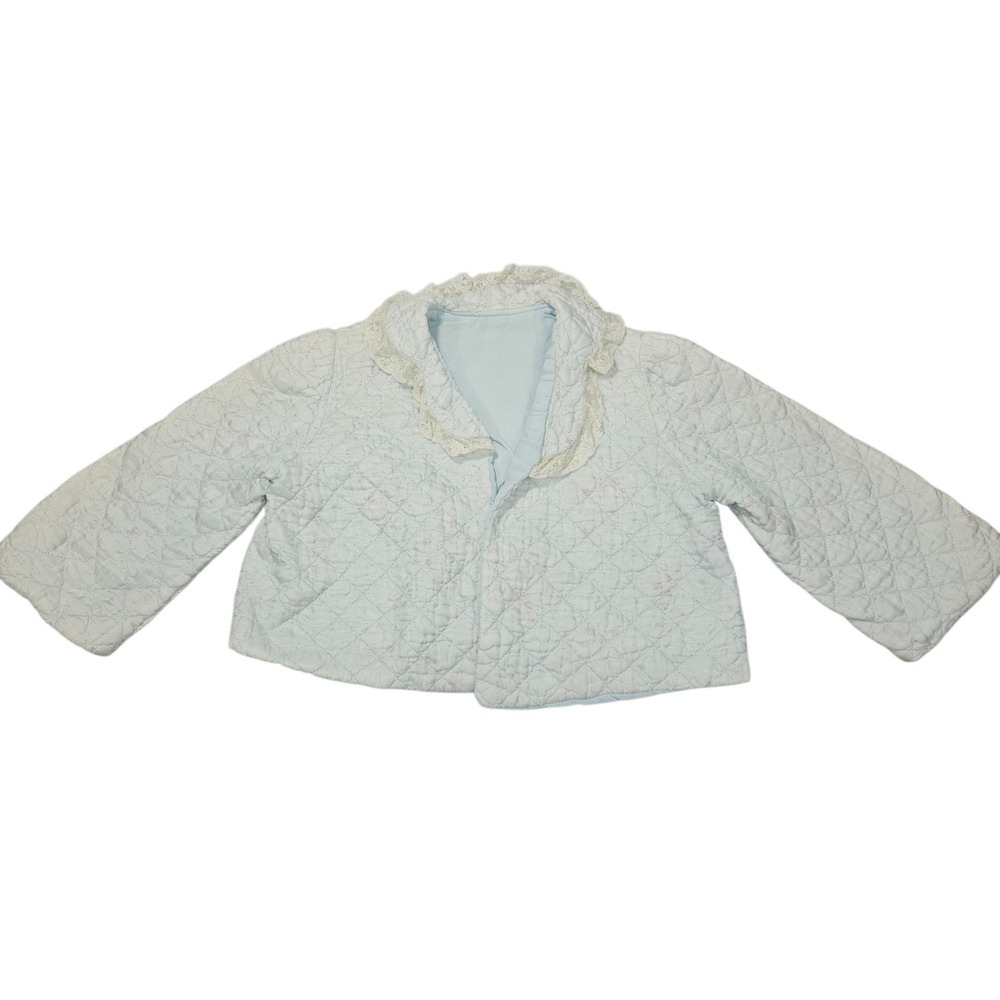 VTG 50s 60s Quilted Lace Trim Bed Jacket Light Blue Floral Cropped Sz S/M